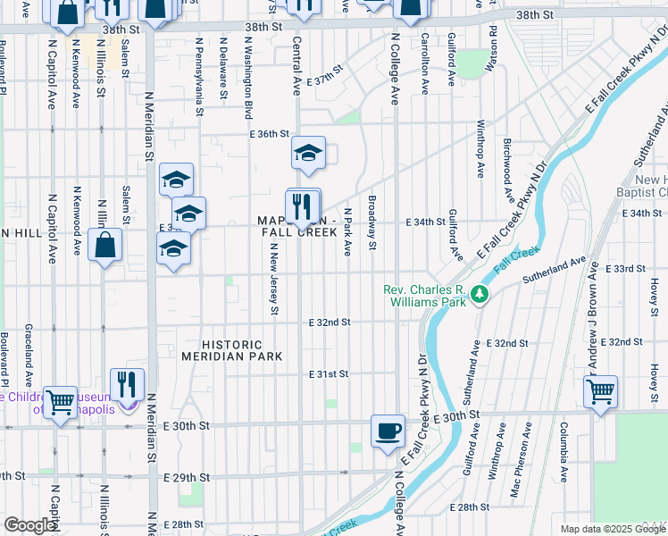 map of restaurants, bars, coffee shops, grocery stores, and more near 530 East 33rd Street in Indianapolis