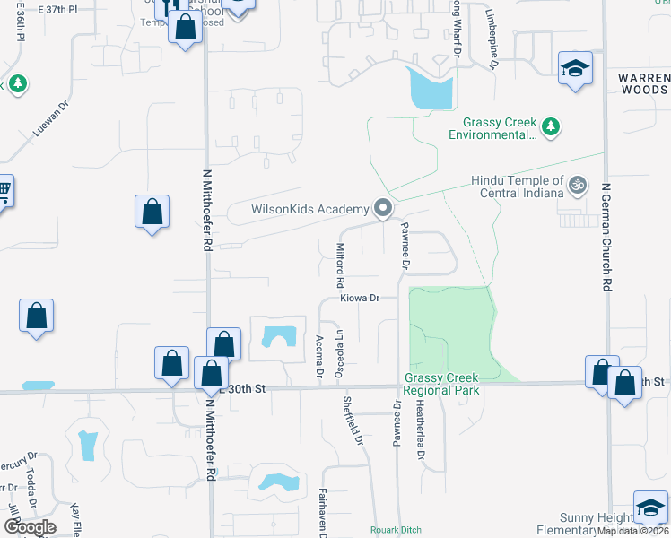 map of restaurants, bars, coffee shops, grocery stores, and more near 10306 Milford Court in Indianapolis