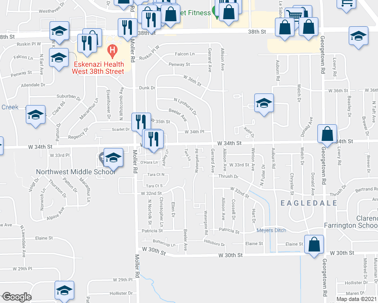 map of restaurants, bars, coffee shops, grocery stores, and more near 3379 Tara Lane in Indianapolis
