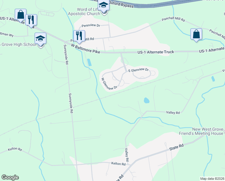 map of restaurants, bars, coffee shops, grocery stores, and more near 768 West Glenview Drive in West Grove