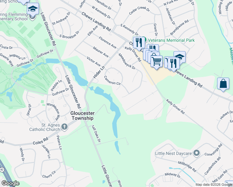 map of restaurants, bars, coffee shops, grocery stores, and more near 6 Emlyn Court in Laurel Springs
