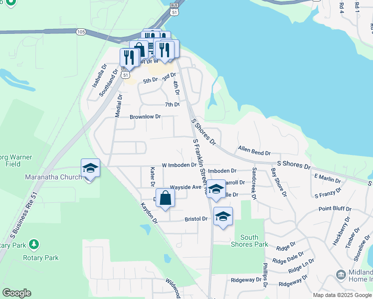 map of restaurants, bars, coffee shops, grocery stores, and more near 105 West Imboden Drive in Decatur