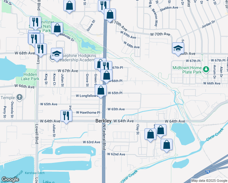 map of restaurants, bars, coffee shops, grocery stores, and more near 2935 West 65th Place in Denver