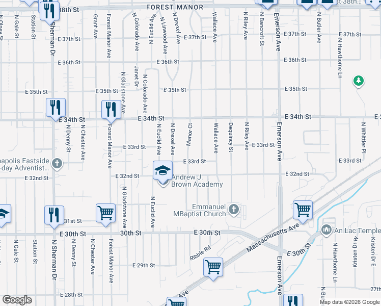 map of restaurants, bars, coffee shops, grocery stores, and more near 3315 Manor Court in Indianapolis