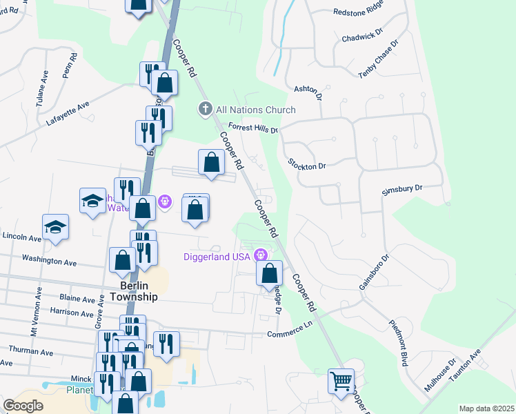 map of restaurants, bars, coffee shops, grocery stores, and more near 159 Cooper Road in West Berlin