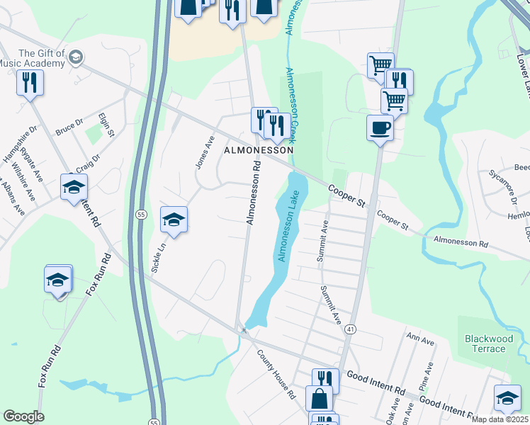 map of restaurants, bars, coffee shops, grocery stores, and more near 1765 Almonesson Road in Woodbury