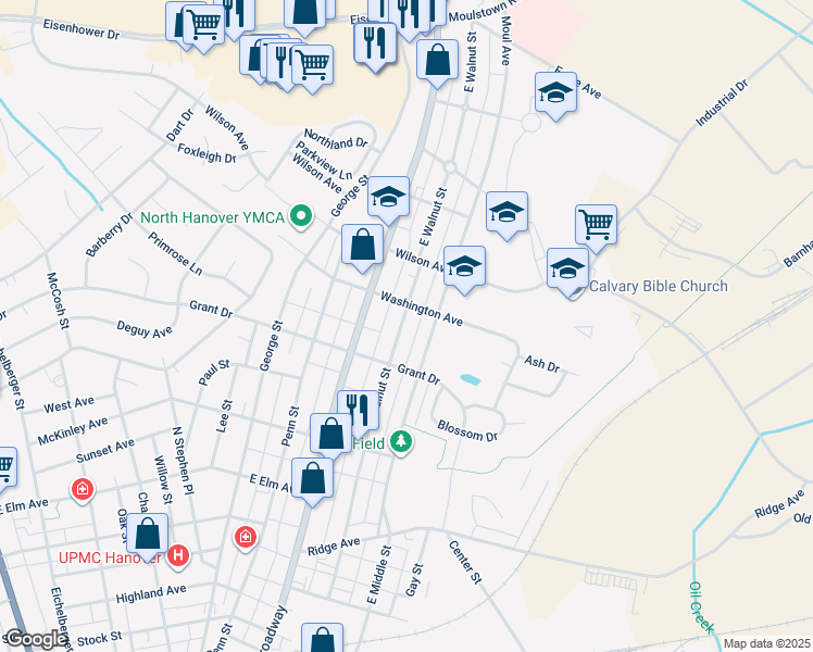 map of restaurants, bars, coffee shops, grocery stores, and more near 839 East Walnut Street in Hanover