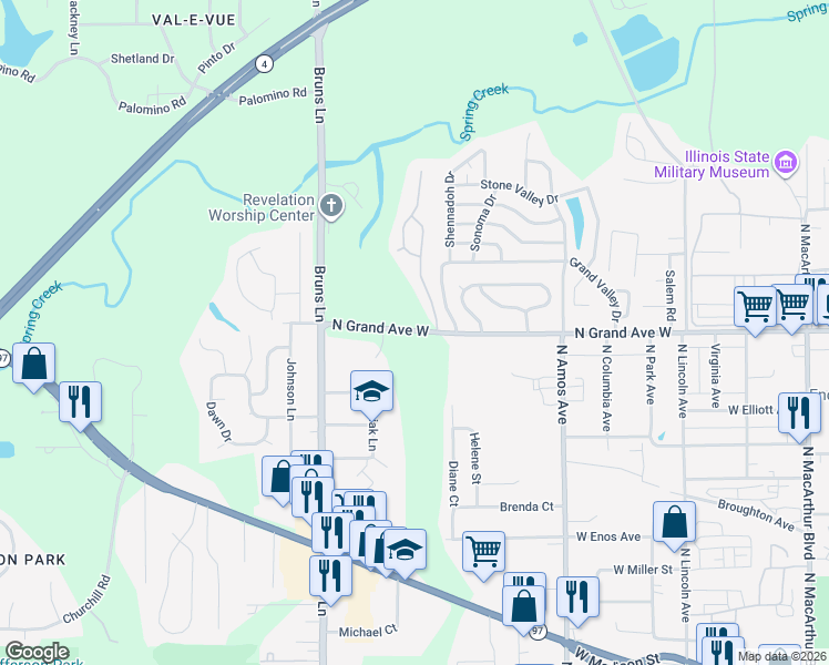 map of restaurants, bars, coffee shops, grocery stores, and more near 1752 North Grand Avenue West in Springfield