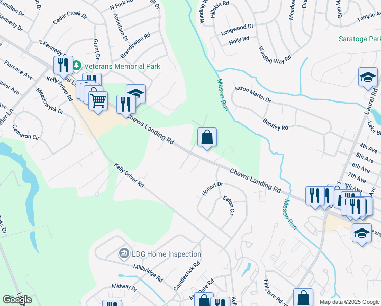map of restaurants, bars, coffee shops, grocery stores, and more near 1070 Chews Landing Road in Clementon
