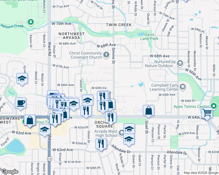map of restaurants, bars, coffee shops, grocery stores, and more near 11707 West 65th Circle in Arvada