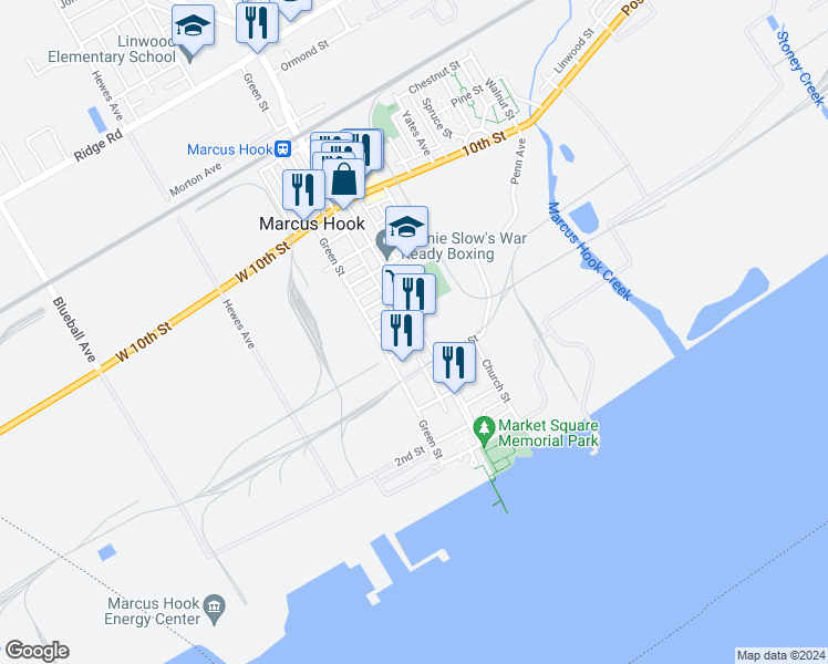 map of restaurants, bars, coffee shops, grocery stores, and more near 506 Market Street in Marcus Hook