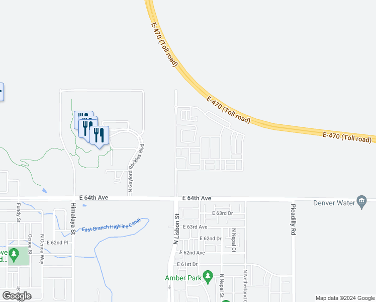 map of restaurants, bars, coffee shops, grocery stores, and more near 20912 East 66th Avenue in Aurora