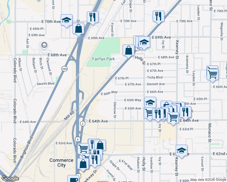map of restaurants, bars, coffee shops, grocery stores, and more near 5263 East 66th Way in Commerce City