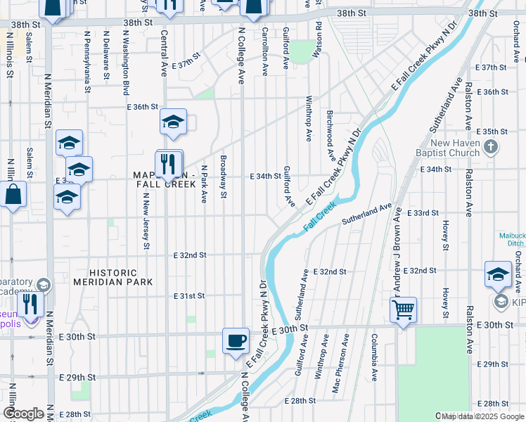 map of restaurants, bars, coffee shops, grocery stores, and more near 732 East 33rd Street in Indianapolis