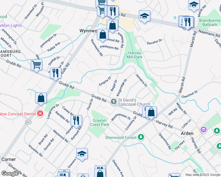 map of restaurants, bars, coffee shops, grocery stores, and more near 2207 Regal Drive in Wilmington