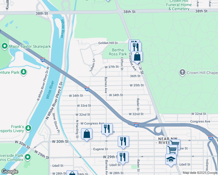 map of restaurants, bars, coffee shops, grocery stores, and more near 1157 West 35th Street in Indianapolis