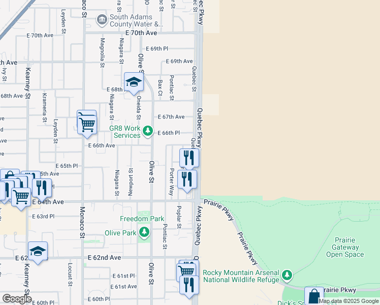 map of restaurants, bars, coffee shops, grocery stores, and more near 6570 Poplar Street in Commerce City