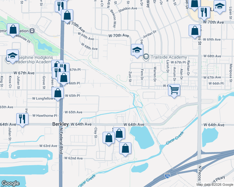 map of restaurants, bars, coffee shops, grocery stores, and more near 2531 West 65th Place in Denver