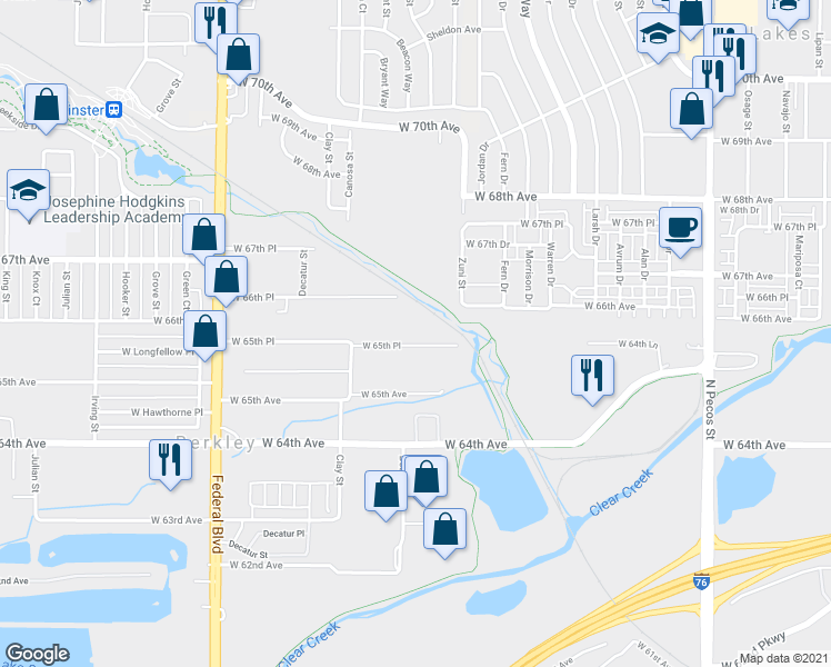 map of restaurants, bars, coffee shops, grocery stores, and more near 2531 West 65th Place in Denver