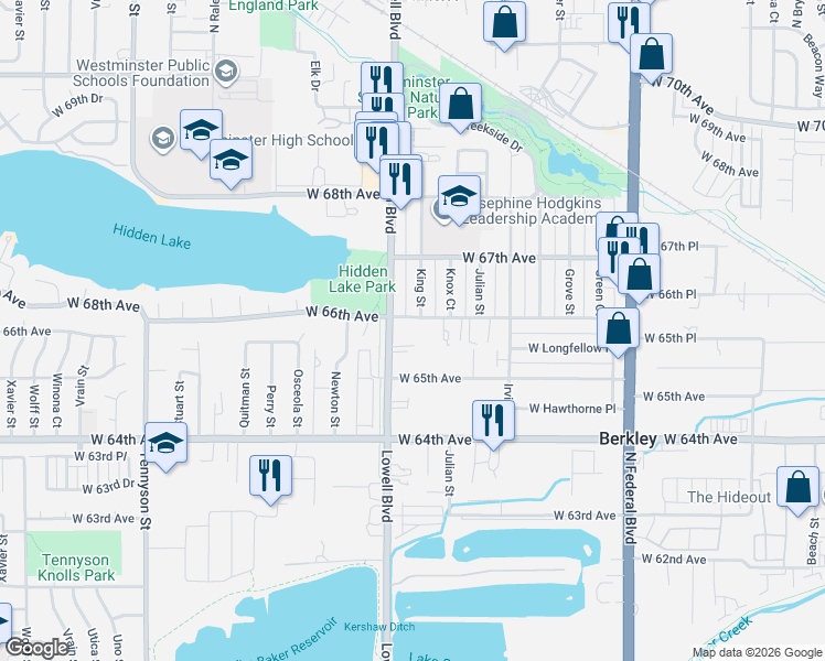 map of restaurants, bars, coffee shops, grocery stores, and more near 3500 West 66th Avenue in Denver