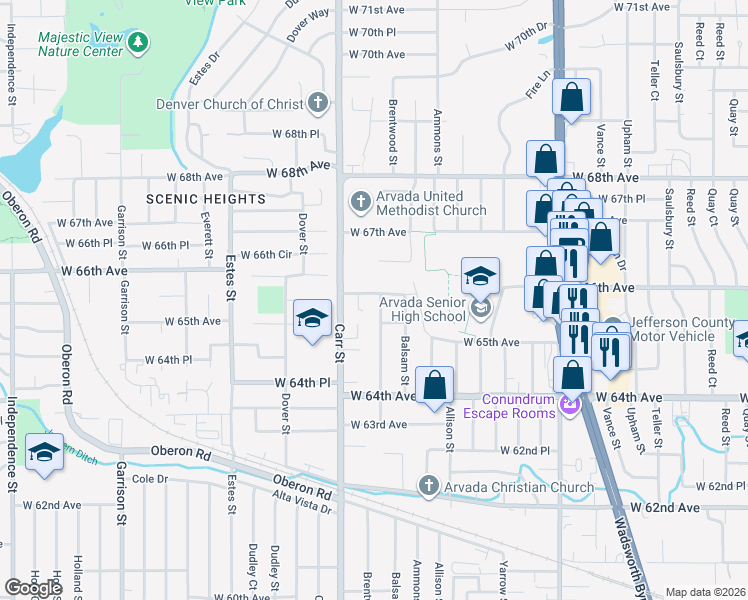map of restaurants, bars, coffee shops, grocery stores, and more near 6557 Brentwood Court in Arvada