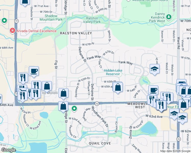 map of restaurants, bars, coffee shops, grocery stores, and more near 13715 West 65th Drive in Arvada