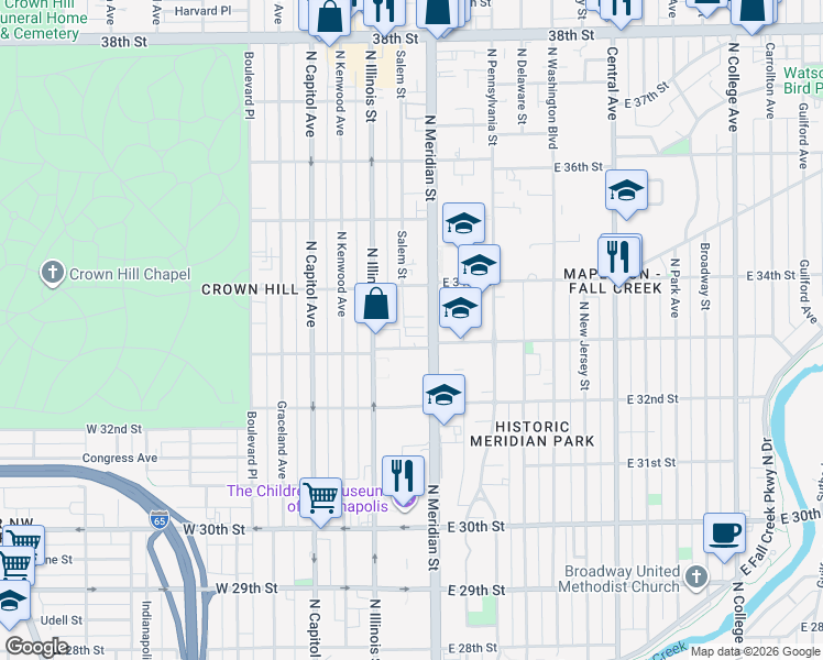 map of restaurants, bars, coffee shops, grocery stores, and more near 3310 North Meridian Street in Indianapolis