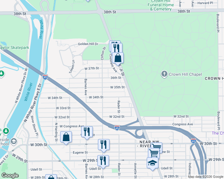 map of restaurants, bars, coffee shops, grocery stores, and more near 1037 West 35th Street in Indianapolis