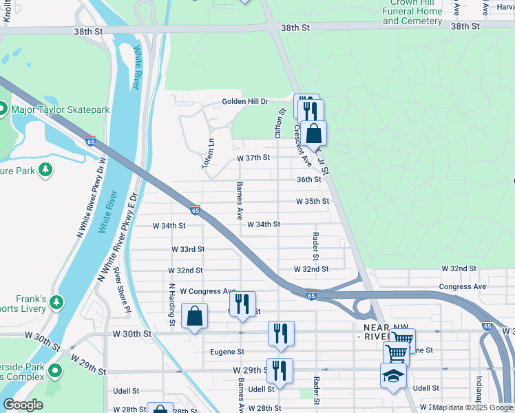 map of restaurants, bars, coffee shops, grocery stores, and more near 1157 West 35th Street in Indianapolis