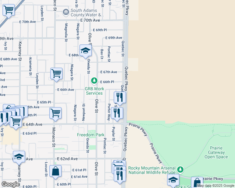 map of restaurants, bars, coffee shops, grocery stores, and more near 6570 Poplar Street in Commerce City