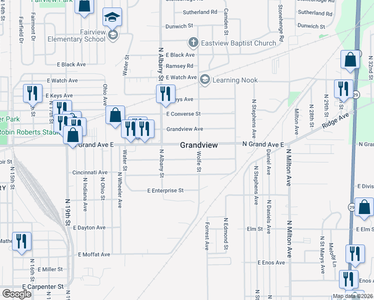 map of restaurants, bars, coffee shops, grocery stores, and more near 2252 North Grand Avenue East in Springfield