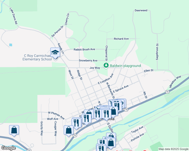 map of restaurants, bars, coffee shops, grocery stores, and more near 81 Reno Ave in Portola