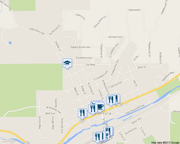 map of restaurants, bars, coffee shops, grocery stores, and more near 81 Reno Avenue in Portola