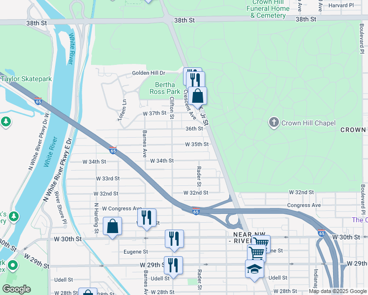 map of restaurants, bars, coffee shops, grocery stores, and more near 1037 West 35th Street in Indianapolis