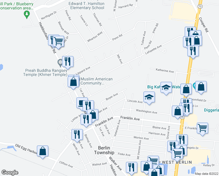 map of restaurants, bars, coffee shops, grocery stores, and more near 250 Jefferson Avenue in Berlin Township