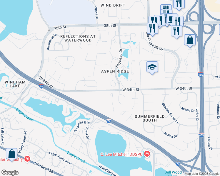 map of restaurants, bars, coffee shops, grocery stores, and more near 3418 Hickory Lane West in Indianapolis