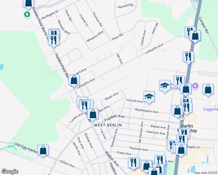 map of restaurants, bars, coffee shops, grocery stores, and more near 250 Jefferson Avenue in Camden County