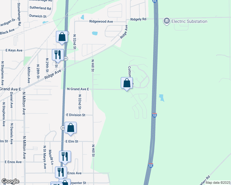 map of restaurants, bars, coffee shops, grocery stores, and more near 3530 North Grand Avenue East in Springfield