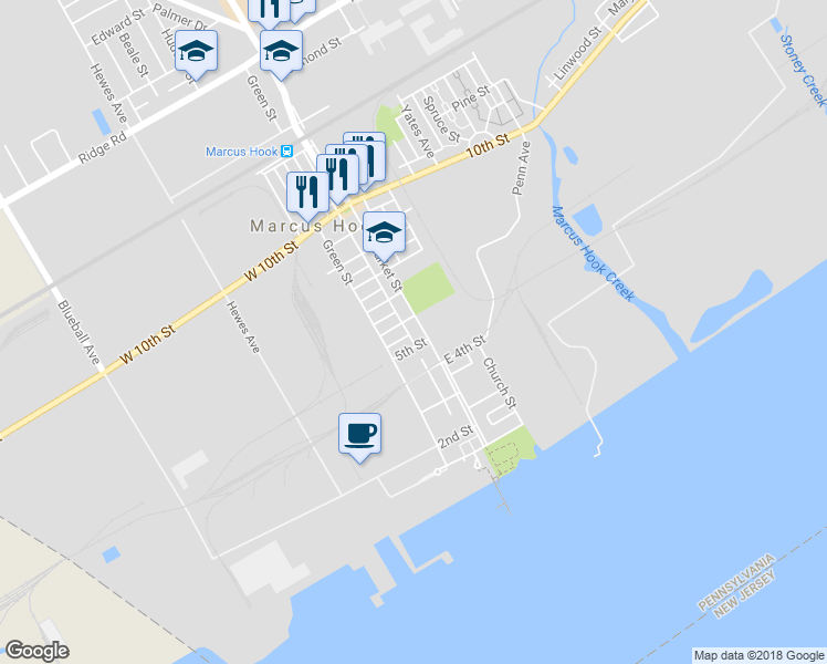 map of restaurants, bars, coffee shops, grocery stores, and more near 512 Market Street in Marcus Hook