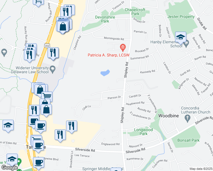 map of restaurants, bars, coffee shops, grocery stores, and more near 2704 Benson Circle in Wilmington