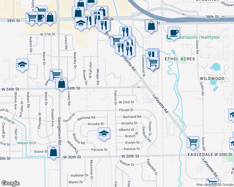map of restaurants, bars, coffee shops, grocery stores, and more near 3331 Falcon Drive in Indianapolis