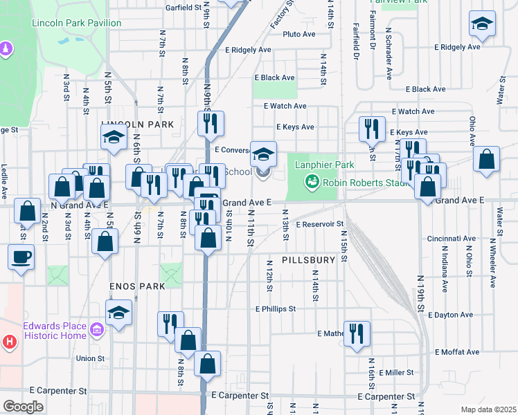 map of restaurants, bars, coffee shops, grocery stores, and more near 1108 North Grand Avenue East in Springfield