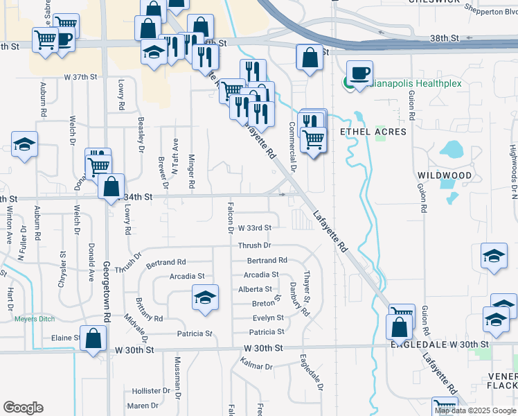 map of restaurants, bars, coffee shops, grocery stores, and more near 4112 Deborah Street in Indianapolis