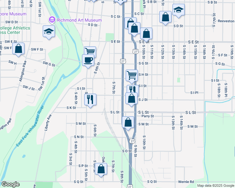 map of restaurants, bars, coffee shops, grocery stores, and more near 702 South J Street in Richmond