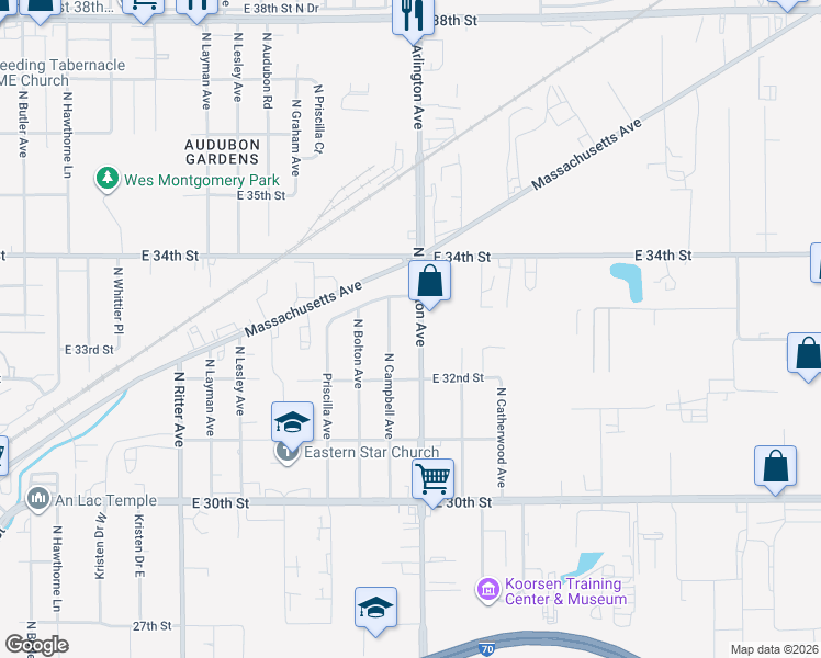 map of restaurants, bars, coffee shops, grocery stores, and more near 3239 North Campbell Avenue in Indianapolis