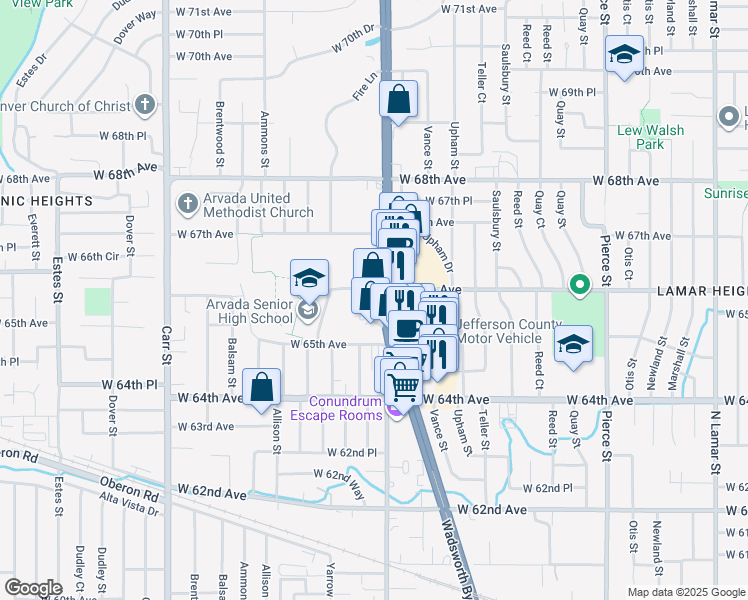 map of restaurants, bars, coffee shops, grocery stores, and more near 6595 Wadsworth Boulevard in Arvada