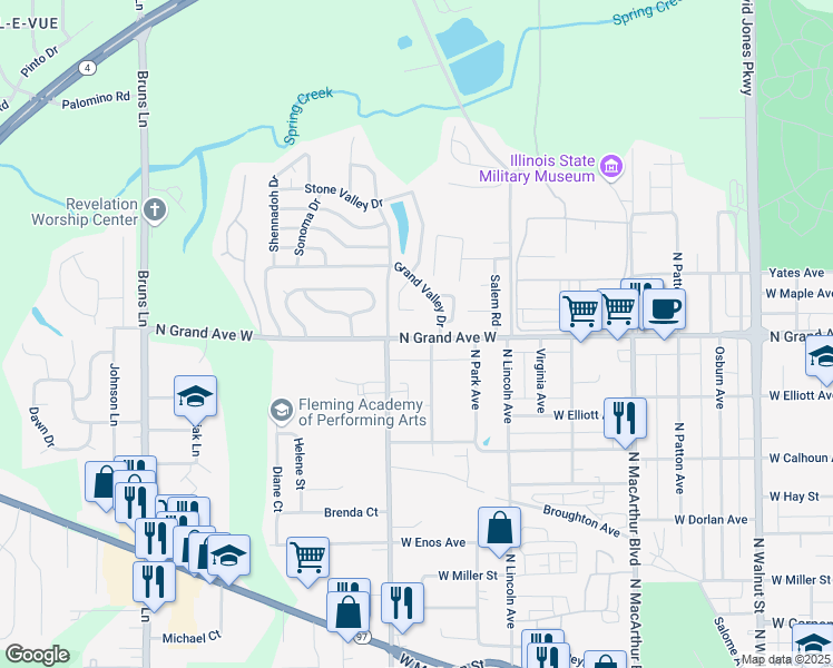 map of restaurants, bars, coffee shops, grocery stores, and more near 1450 North Grand Avenue West in Springfield