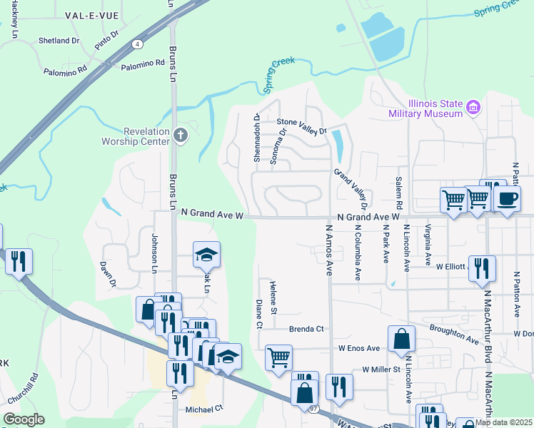 map of restaurants, bars, coffee shops, grocery stores, and more near 1709 North Grand Avenue West in Springfield