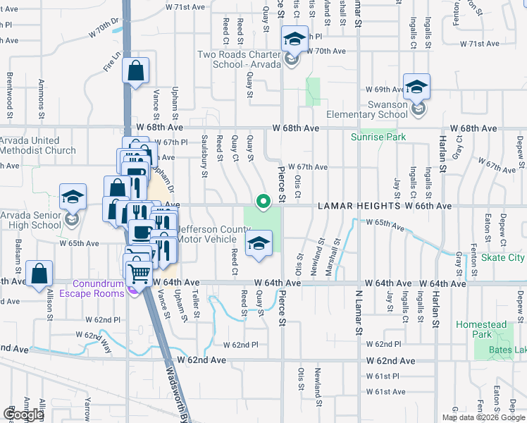 map of restaurants, bars, coffee shops, grocery stores, and more near 6820 West 66th Avenue in Arvada
