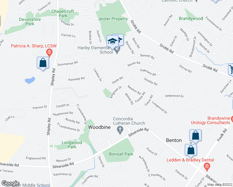 map of restaurants, bars, coffee shops, grocery stores, and more near 2501 Kingman Drive in Wilmington